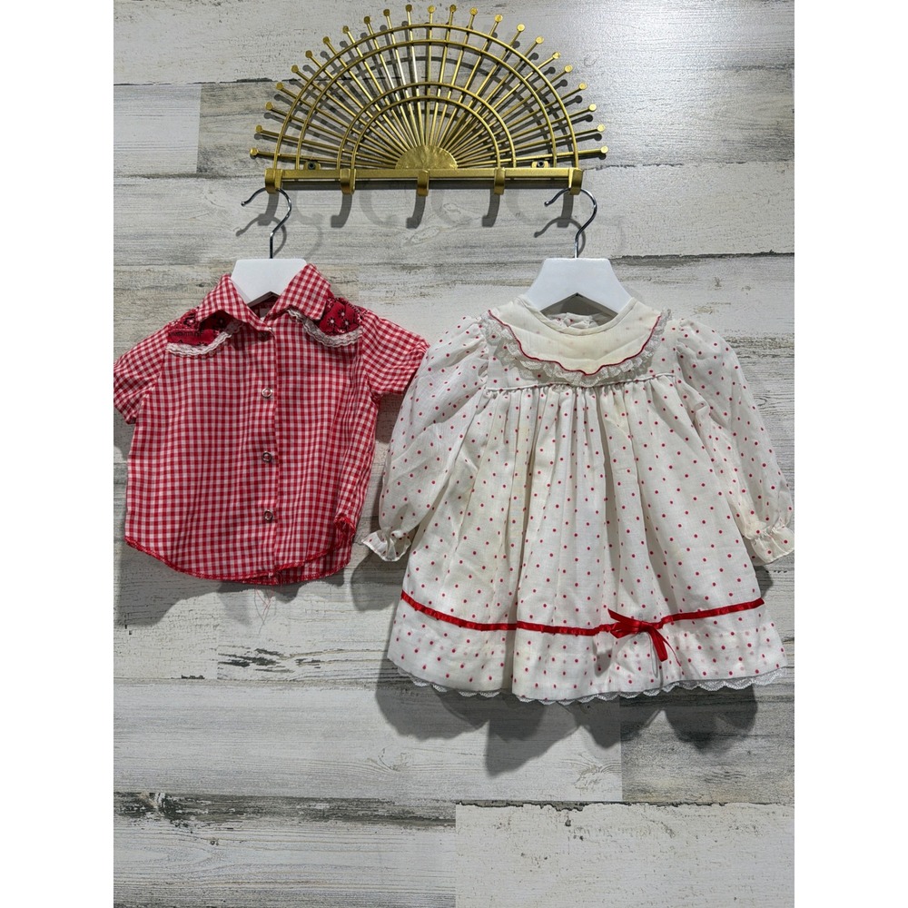 Vintage Bundle Peaches and Cream Western Shirt Dress Girls 12M Red White *Flawed